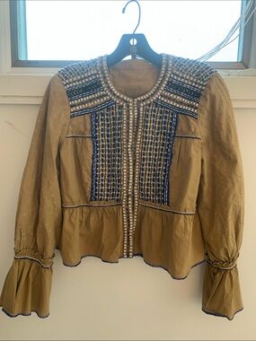 Veronica Beard Tan  Boho  jacket  with Blue And White Beading